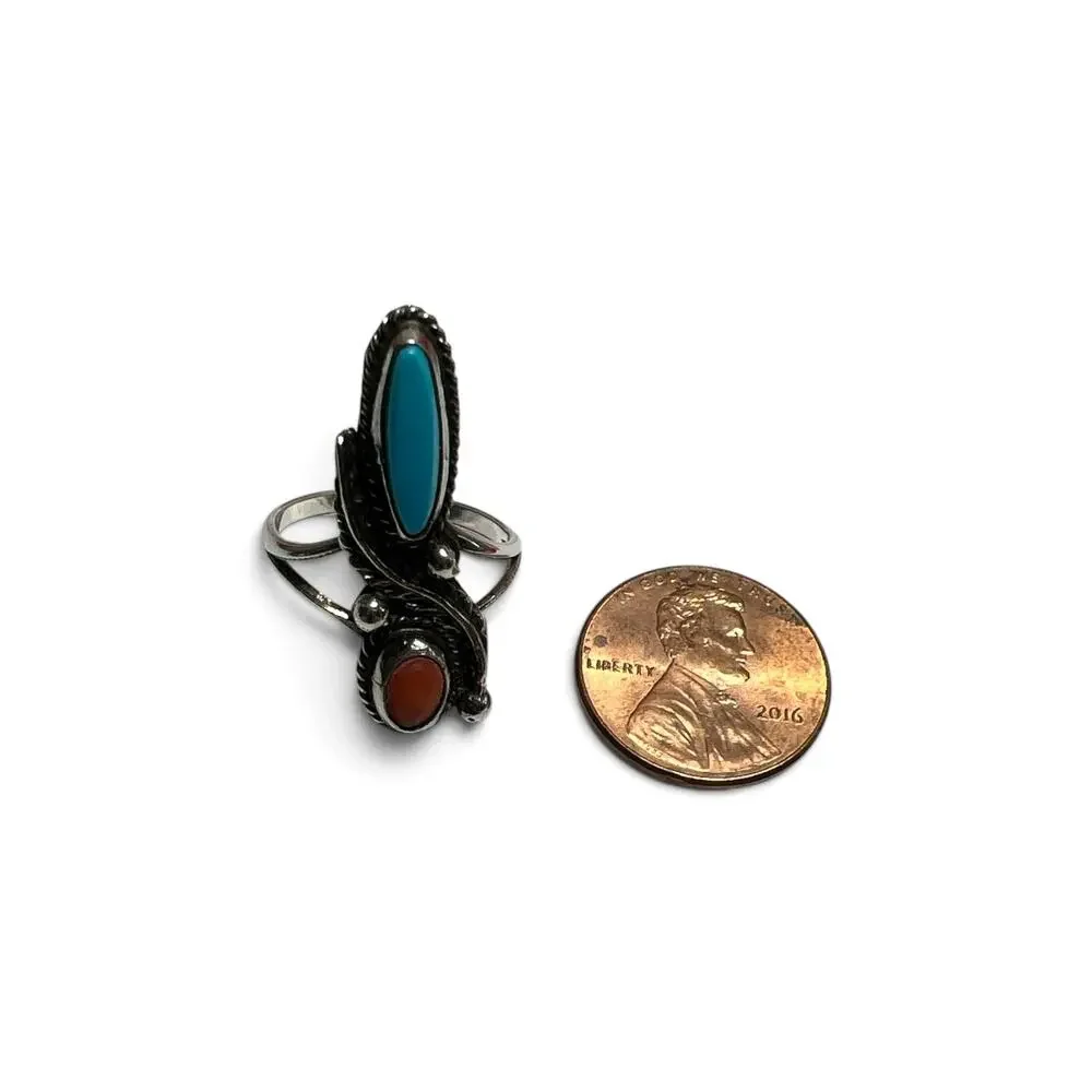 Vintage Navajo Style Sterling Silver Turquoise and Coral Two Stone Ring Size 5.5